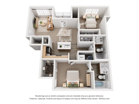 Floor plan for 2 beds, 2 baths, 1079 sqft